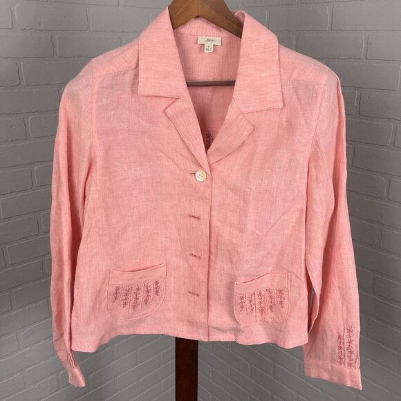 J. Jill Blouse Women Small Pink Embroidery‎ Floral Shacket Linen Cottage Core - Picture 1 of 10
